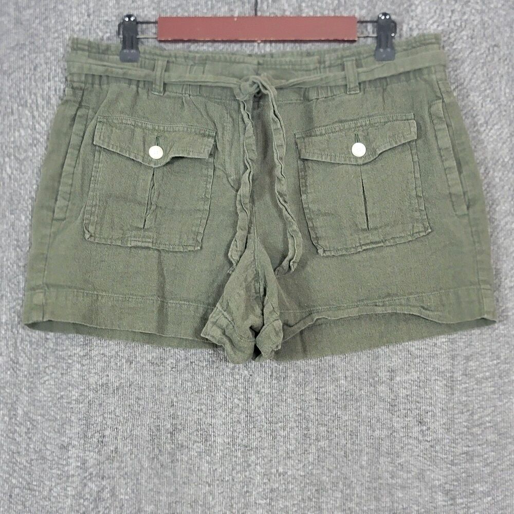 Ann Taylor Loft Shorts Womens M Olive Green Linen Blend Belted Cargo Pockets